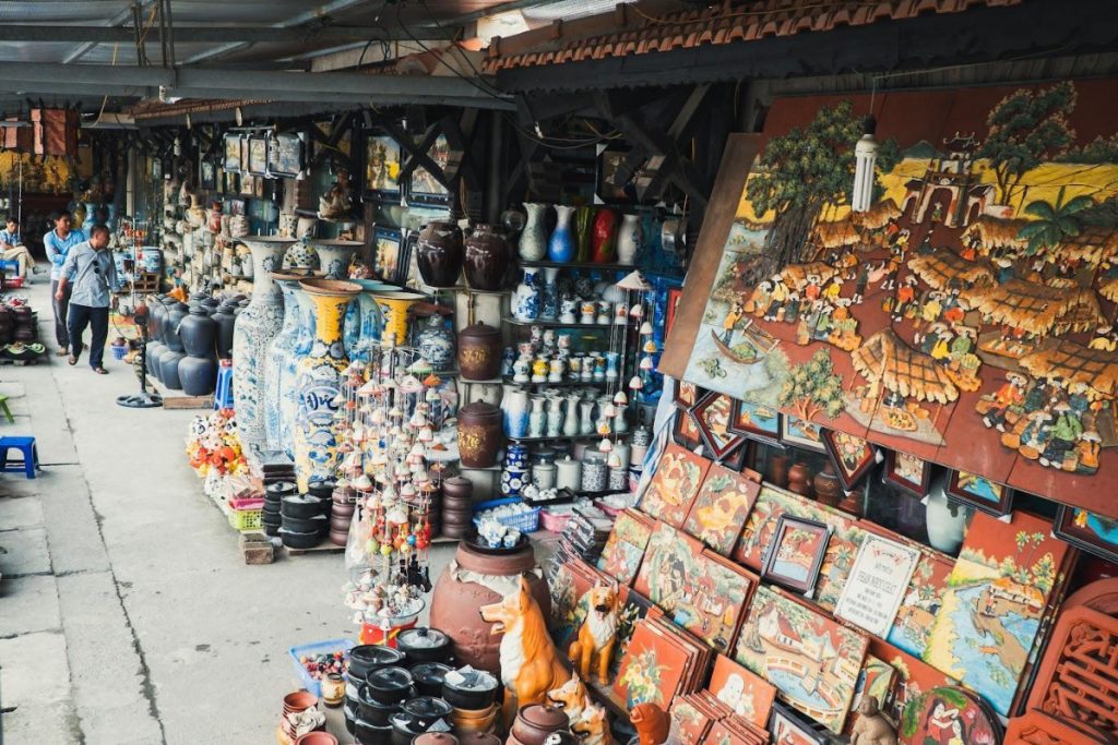 Colorful pottery market stalls.
