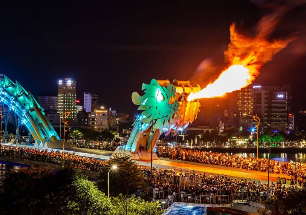 Dragon Bridge breathing fire at night