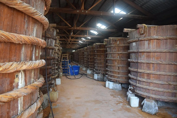 Photos of large wooden barrels used for fermenting fish sauce, lined up inside the workshop.