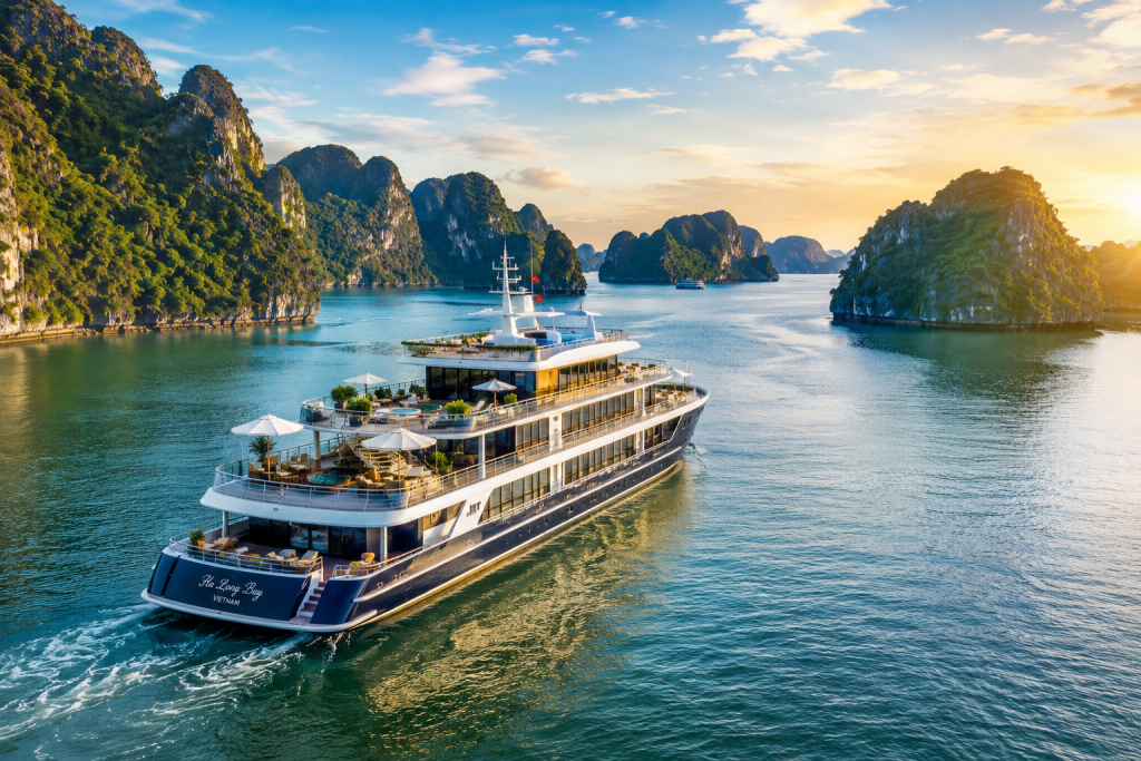 Luxury cruise sailing through Ha Long Bay