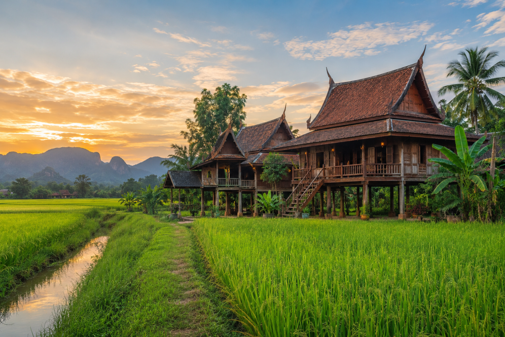 Traditional Thai stilt houses surrounded by rice fields