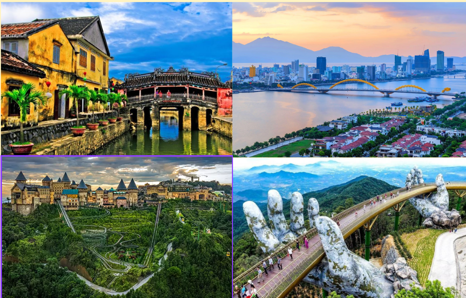 Collage featuring Ba Na Hills, My Son Sanctuary, Da Nang, and Hoi An